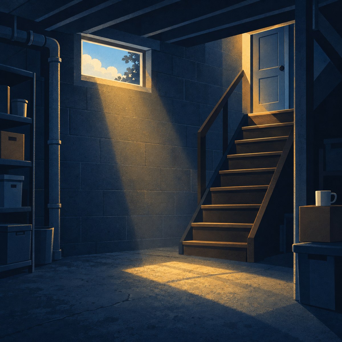Illustration of a bare stone basement, with sunshine pouring through a small high window that shows a bright blue sky