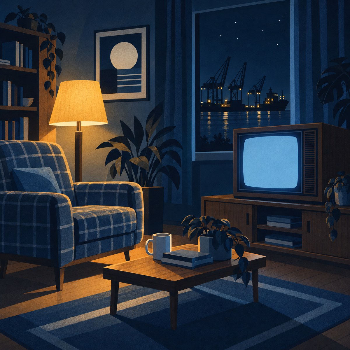 Illustration of a 1980s living room at night, with a boxy wooden television glowing and dock cranes and a ship visible through the window