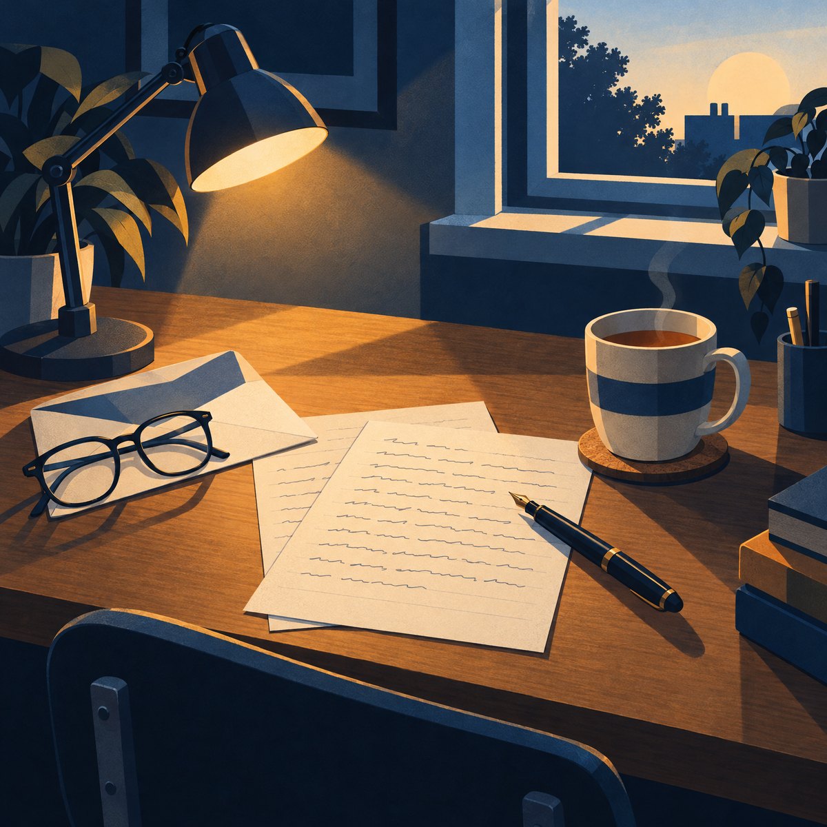 Illustration of a handwritten letter and its opened envelope on a wooden desk, with a fountain pen, reading glasses and a mug of tea in lamplight