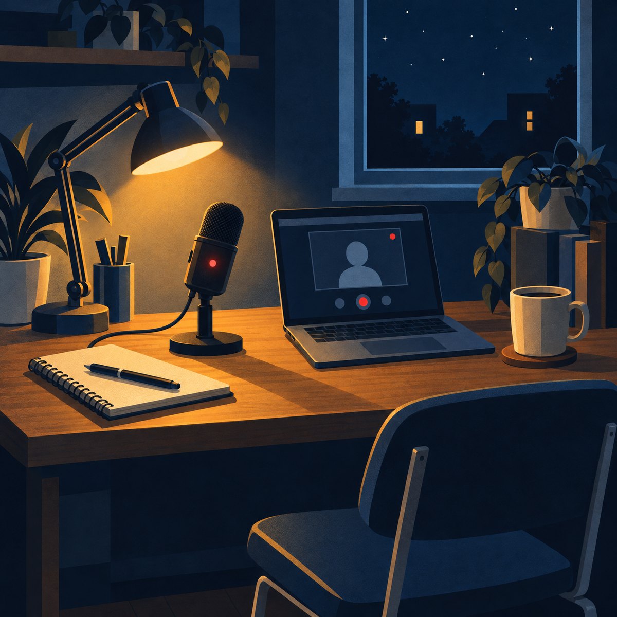Illustration of a home office desk at night with a podcast microphone showing a red mute light, and a laptop with a video recording window open