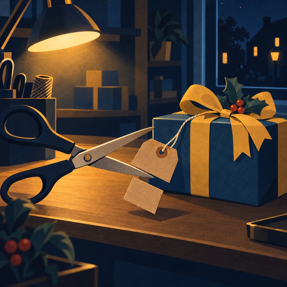 Illustration of a pair of scissors cutting a blank brown price tag in half on a shop counter at night, beside a gift box tied with a mustard ribbon