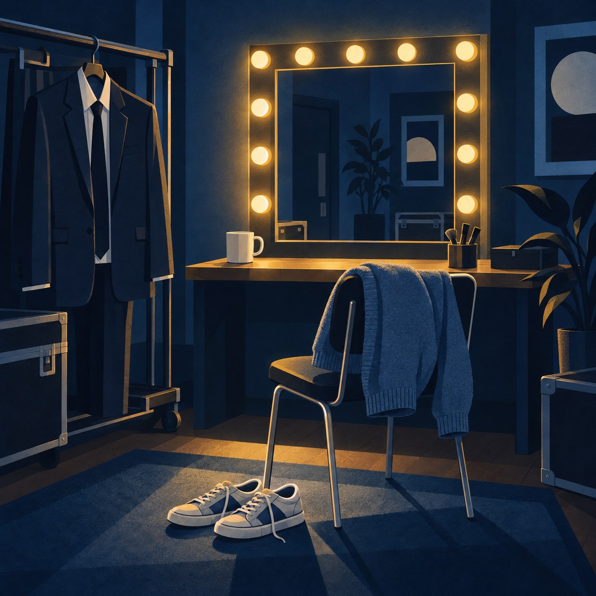 Illustration of a backstage dressing room, with a suit and tie left on a rail and a comfy jumper and trainers ready by the mirror