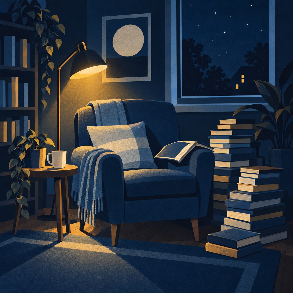 Illustration of a cosy reading corner at night, with tall stacks of well read books beside an armchair and a warm reading lamp