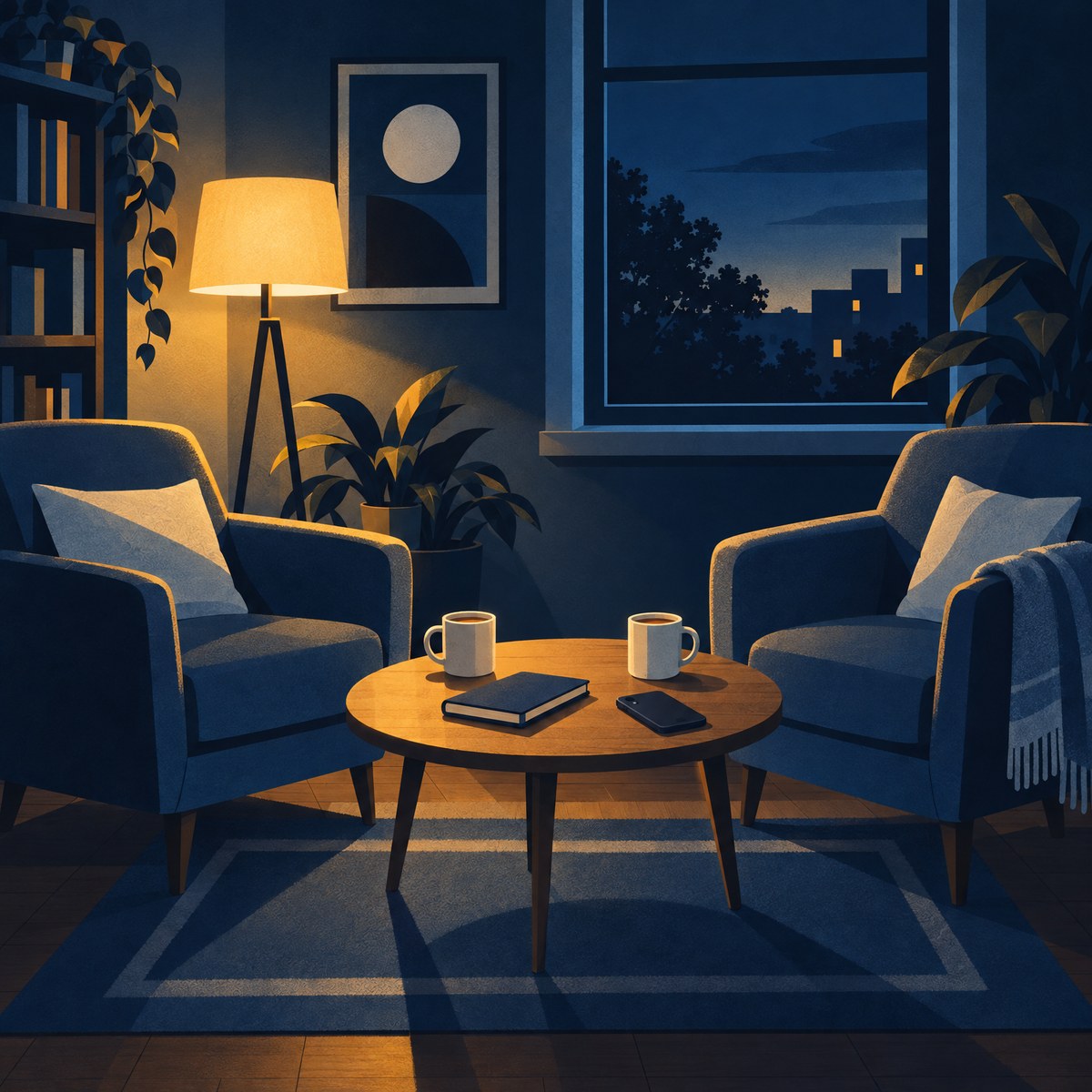 Illustration of two armchairs facing each other, with two mugs of tea and a phone lying face down on the small table between them
