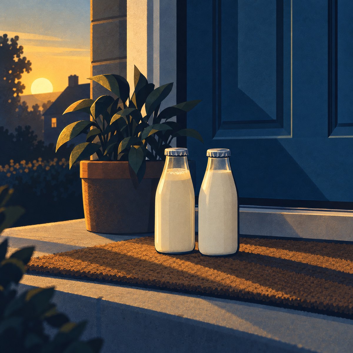 Illustration of two glass milk bottles with foil caps on a doorstep at sunrise, next to a potted plant and a blue front door