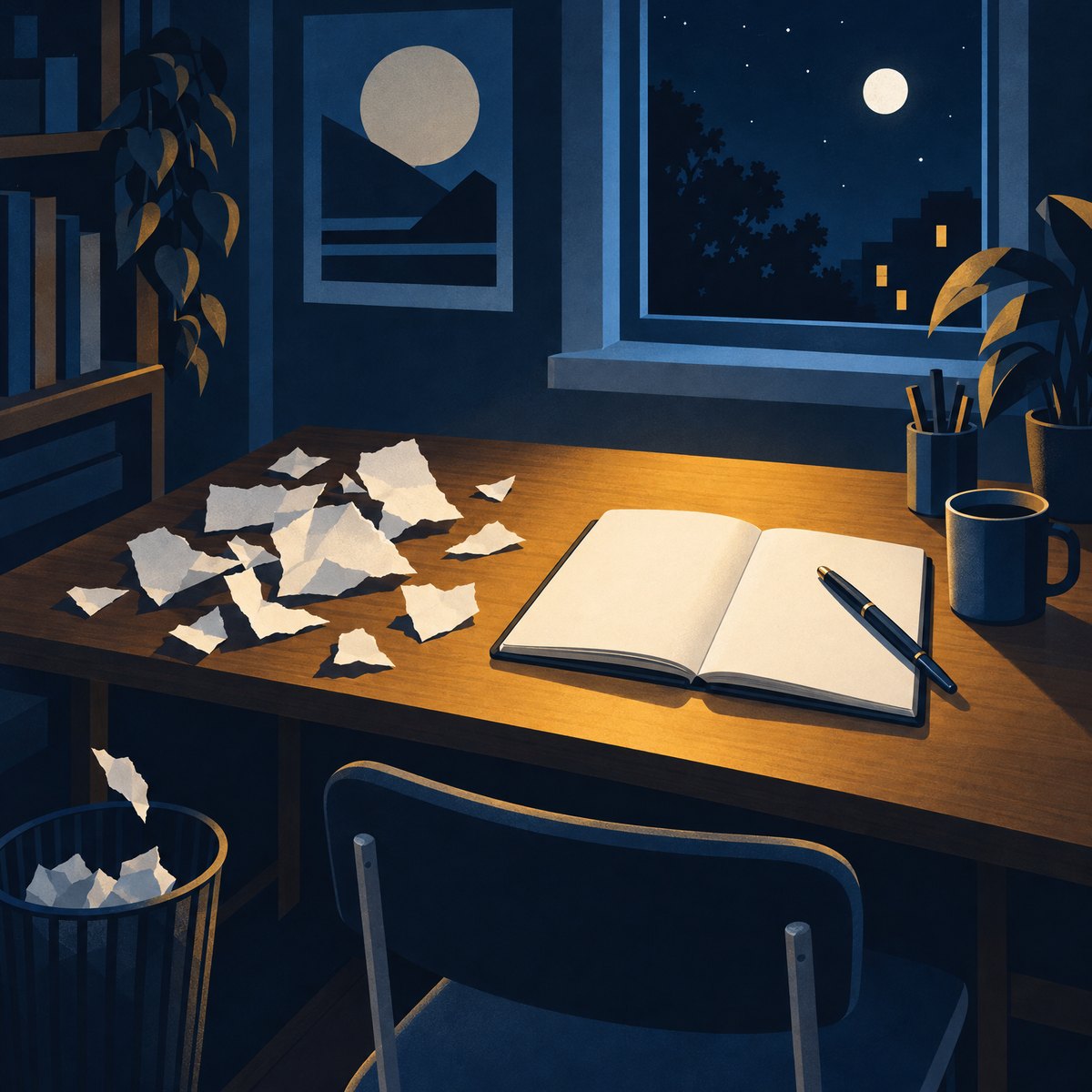 Illustration of a desk at night under warm lamp light, with a sheet of paper torn into small pieces on one side and a clean open notebook and pen on the other
