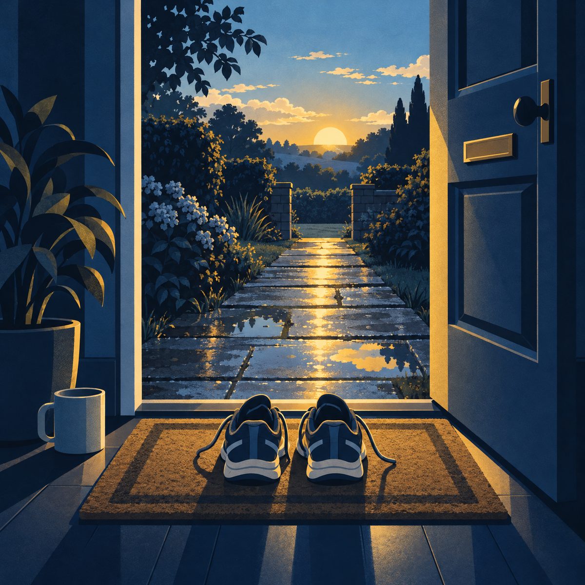 Illustration of a pair of running trainers on a doormat by an open front door at sunrise, with wet paving stones, puddles and a garden path leading out after the rain