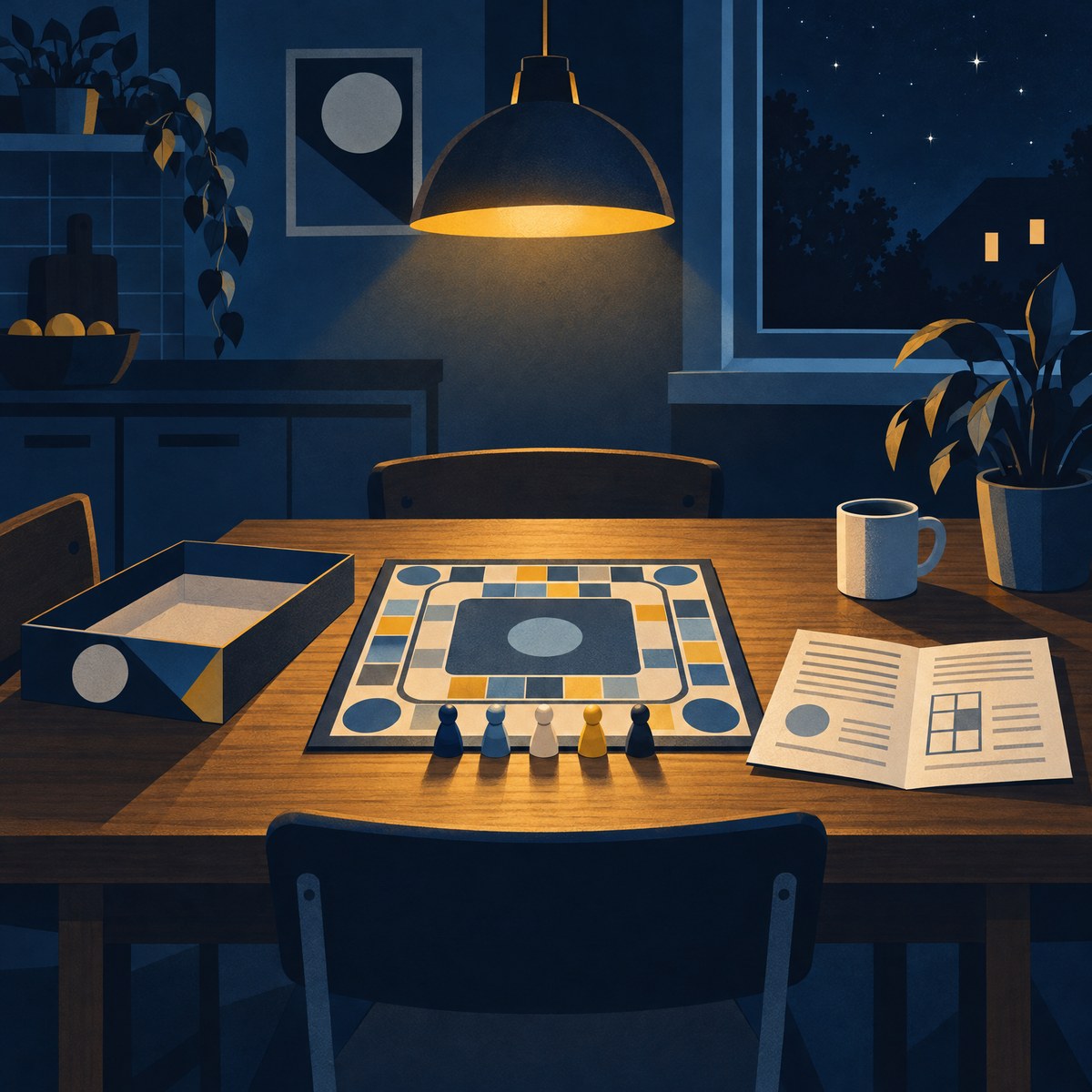 Illustration of a board game set out on a wooden kitchen table at night under a warm pendant light, with five wooden pieces lined up at the start, the box lid to one side and a folded rules sheet opened out beside the board