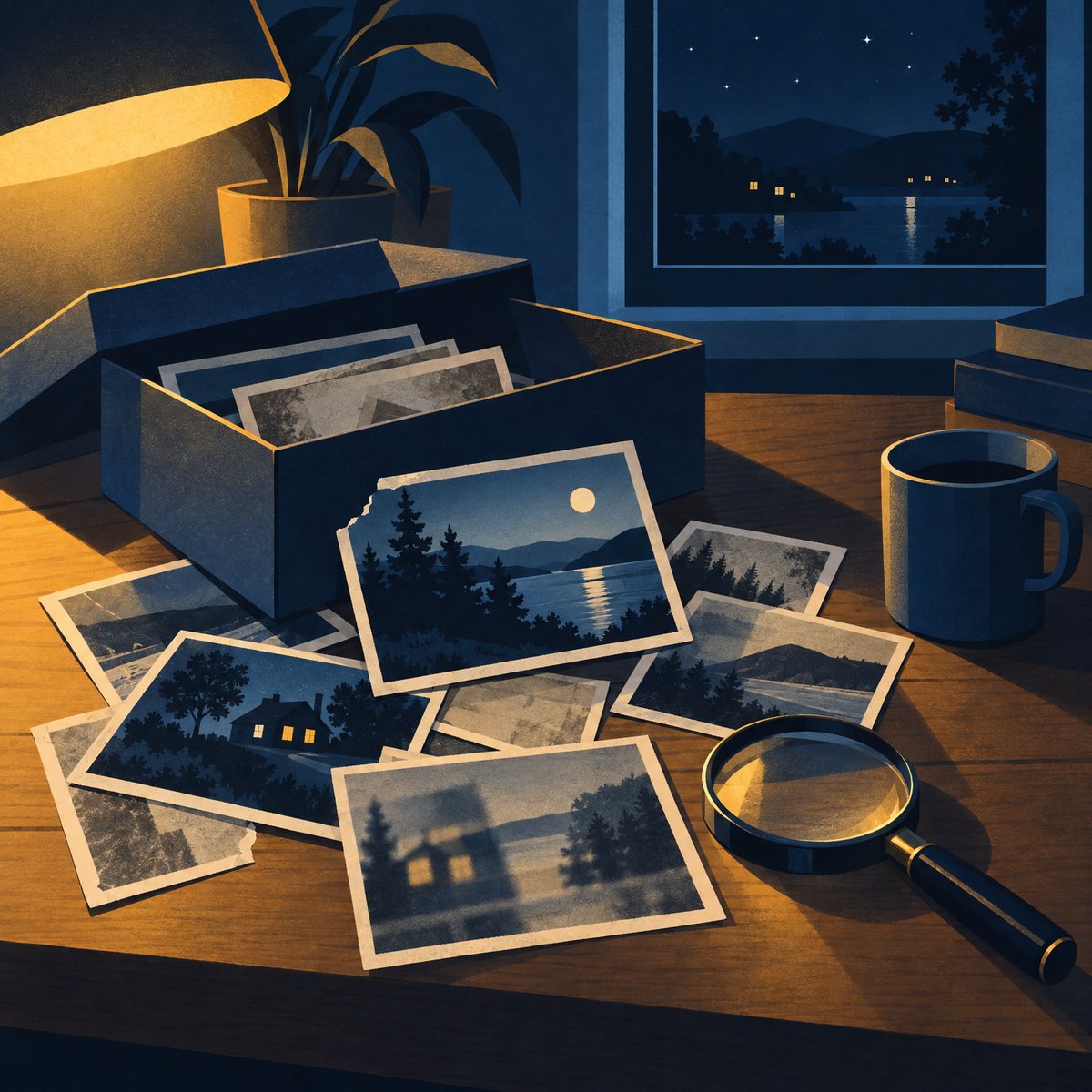 Illustration of a shoebox of old photographs of houses and trees tipped out across a wooden table under a lamp, some faded, one torn and one blurred, with a magnifying glass resting beside them