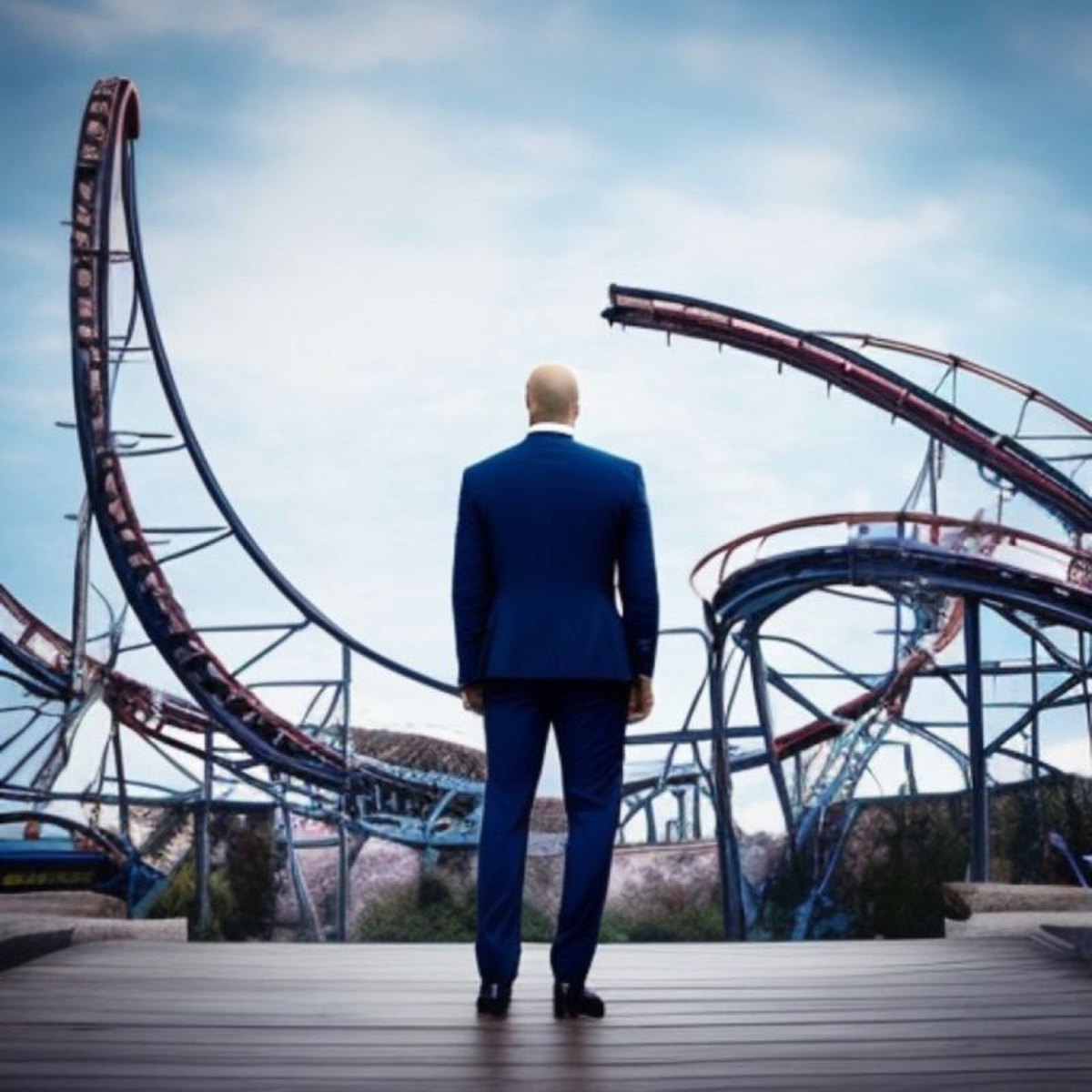 A figure in a blue suit, seen from behind, looking out at a huge rollercoaster