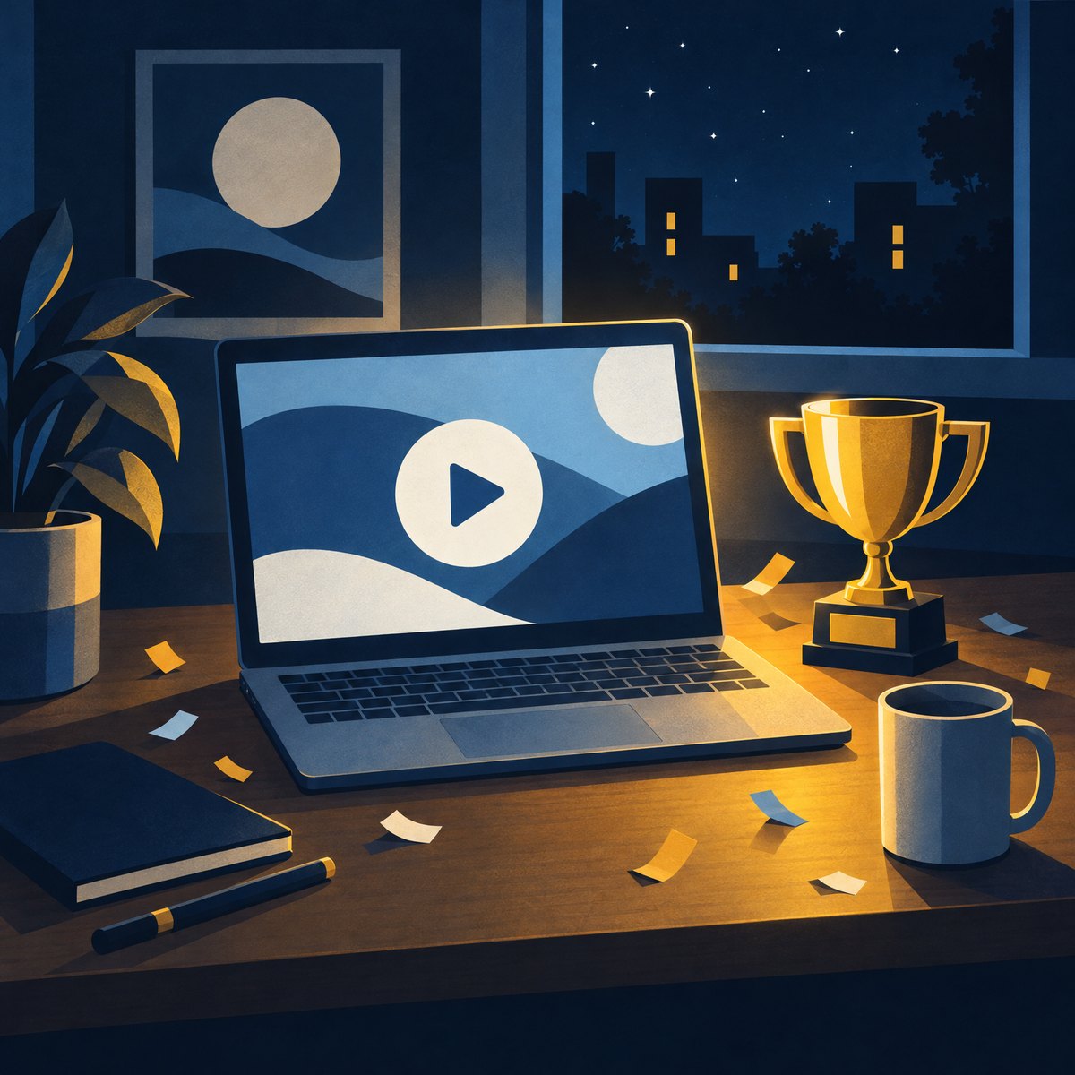 Illustration of a laptop on a desk at night with a video play button on its screen, a small golden trophy beside it and confetti scattered on the desk