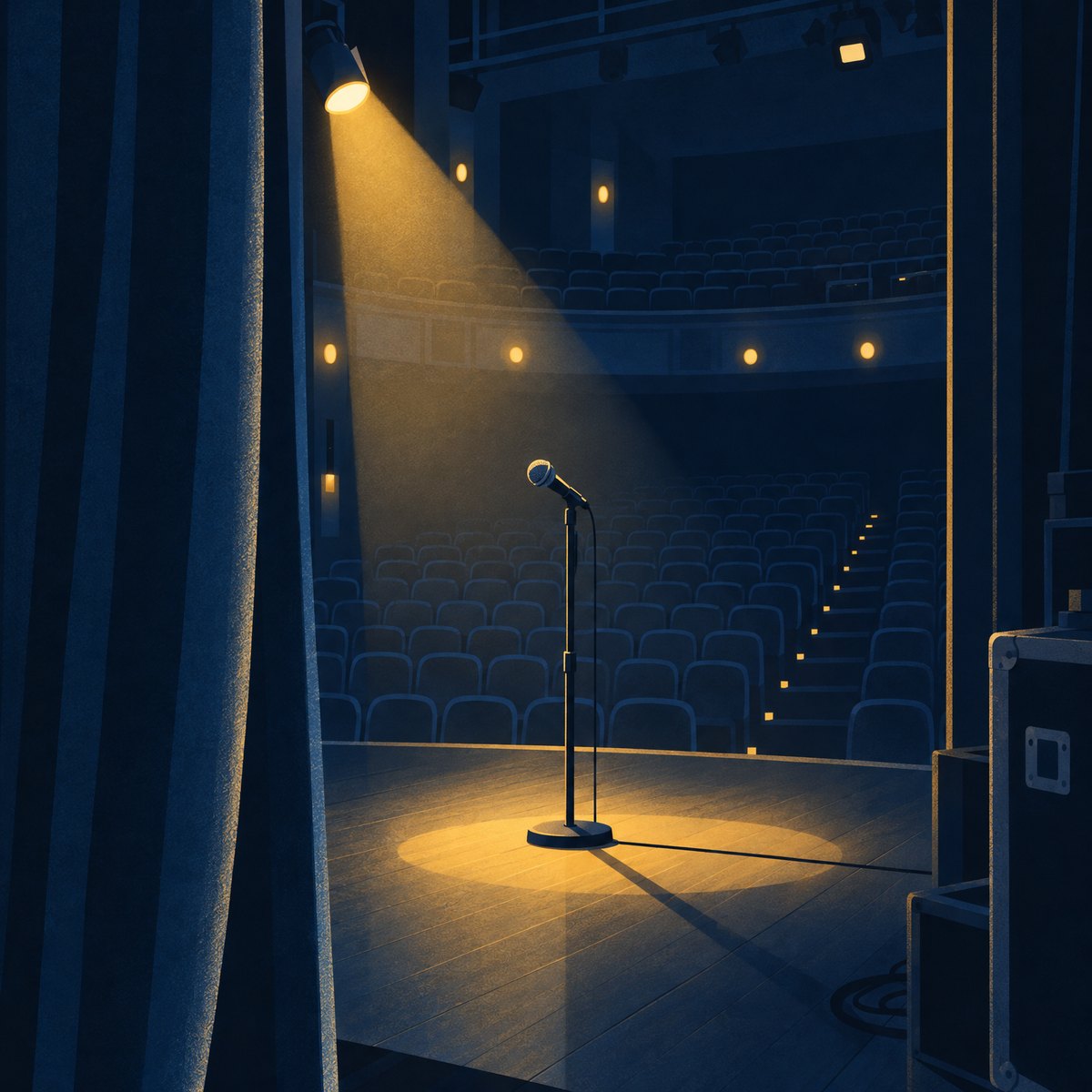 Illustration of an empty stage seen from the wings, with a single microphone on a stand under a warm golden spotlight and rows of empty seats in the dark