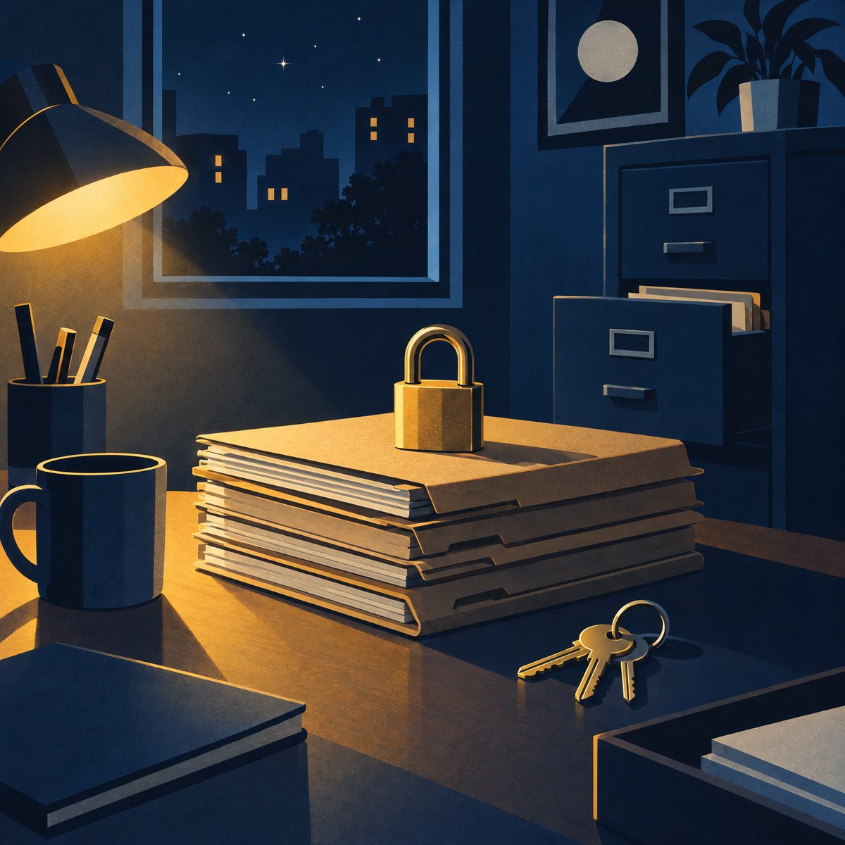 Illustration of a neat stack of cardboard document folders on an office desk at night with a brass padlock on top and a ring of house keys beside it