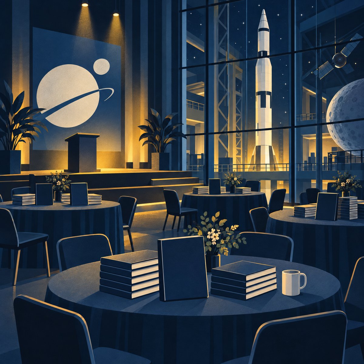 Illustration of a conference room in a space museum, with piles of books on round tables and a tall rocket through the glass wall