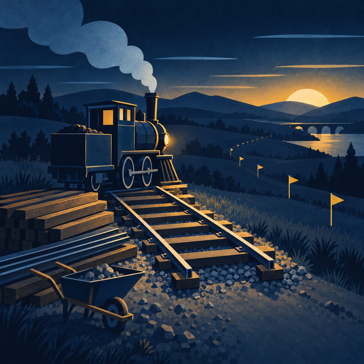 Illustration of a small steam train stopped at the end of an unfinished railway track at dusk, with new rails, sleepers and a wheelbarrow beside it and golden flags marking the route ahead