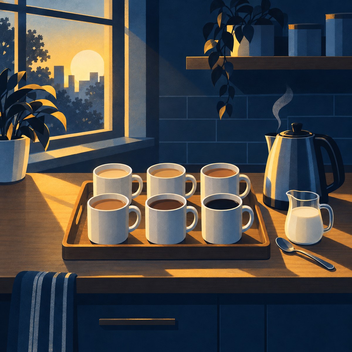 Illustration of a tray of six mugs of tea in different shades, from milky to strong, with a steaming kettle in an office kitchen