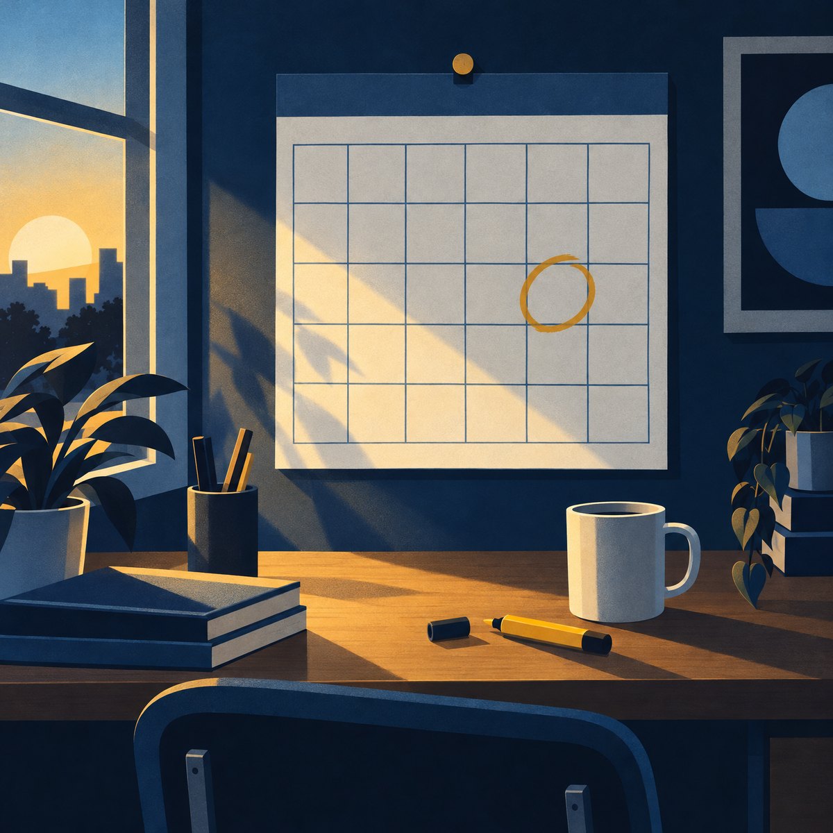Illustration of a wall planner above a tidy desk in early morning light, with one square boldly circled in golden marker and the pen resting below it