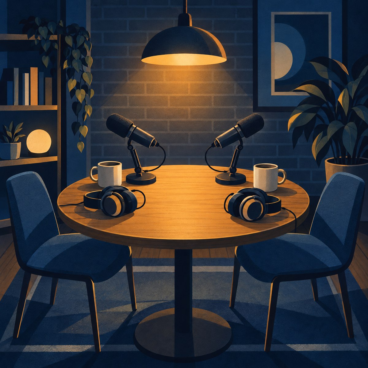 Illustration of a small podcast studio table with two microphones angled towards each other, two pairs of headphones and two mugs, in front of a brick wall and a plant