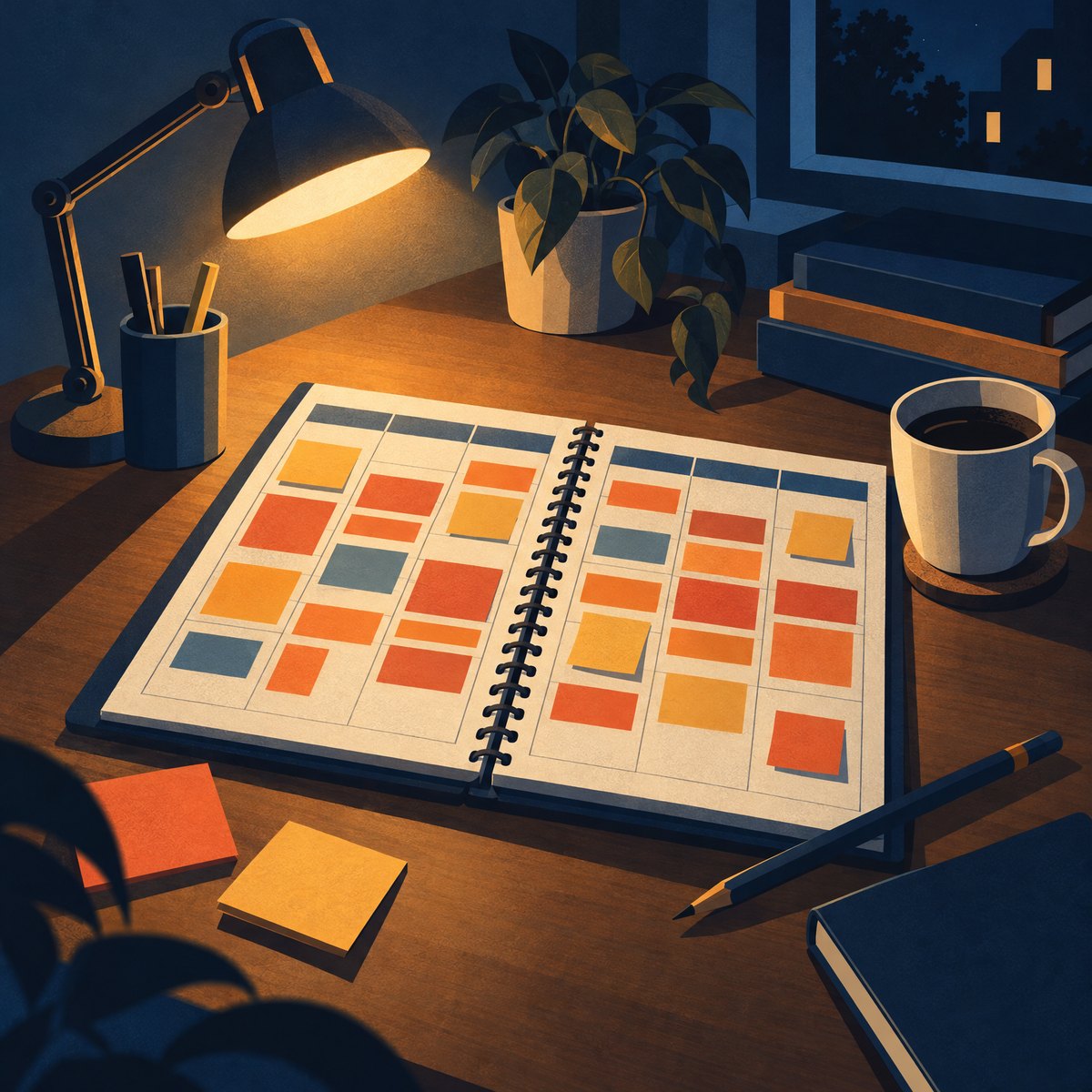 Illustration of an open weekly planner on a desk, its grid crowded with small orange and red blocks and sticky notes, with a pencil and a cup of coffee beside it
