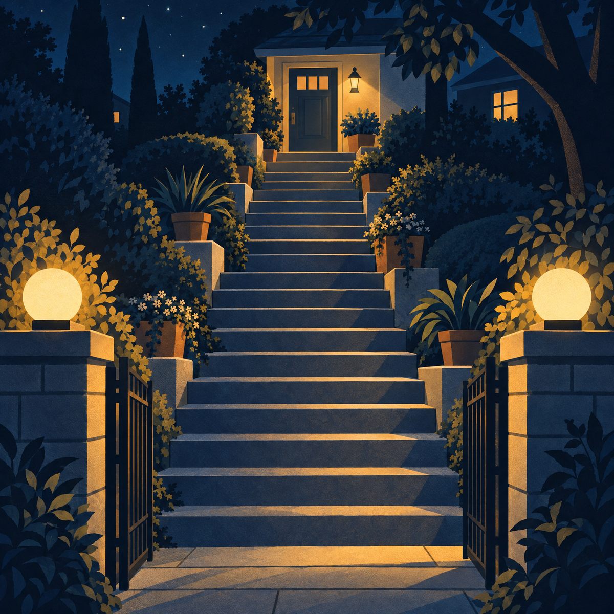 Illustration of a long flight of stone garden steps lined with potted plants, leading up a hill to a front door with a warm porch light