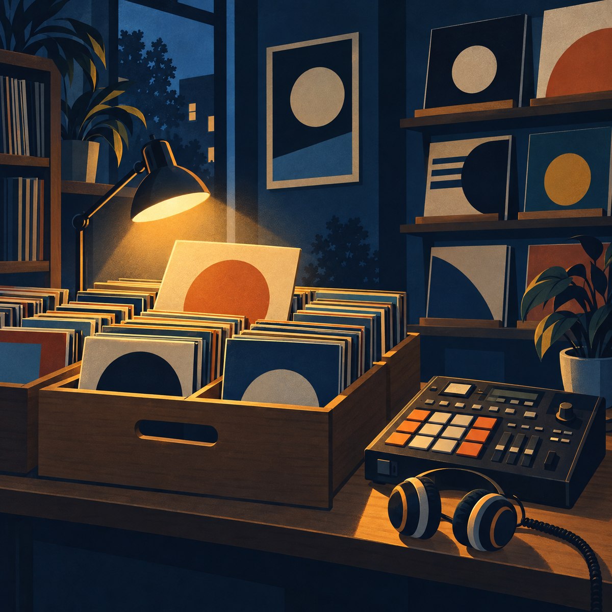 Illustration of wooden crates packed with vinyl records in a small record shop, one record pulled out under a warm lamp, with a drum sampler and headphones on the counter