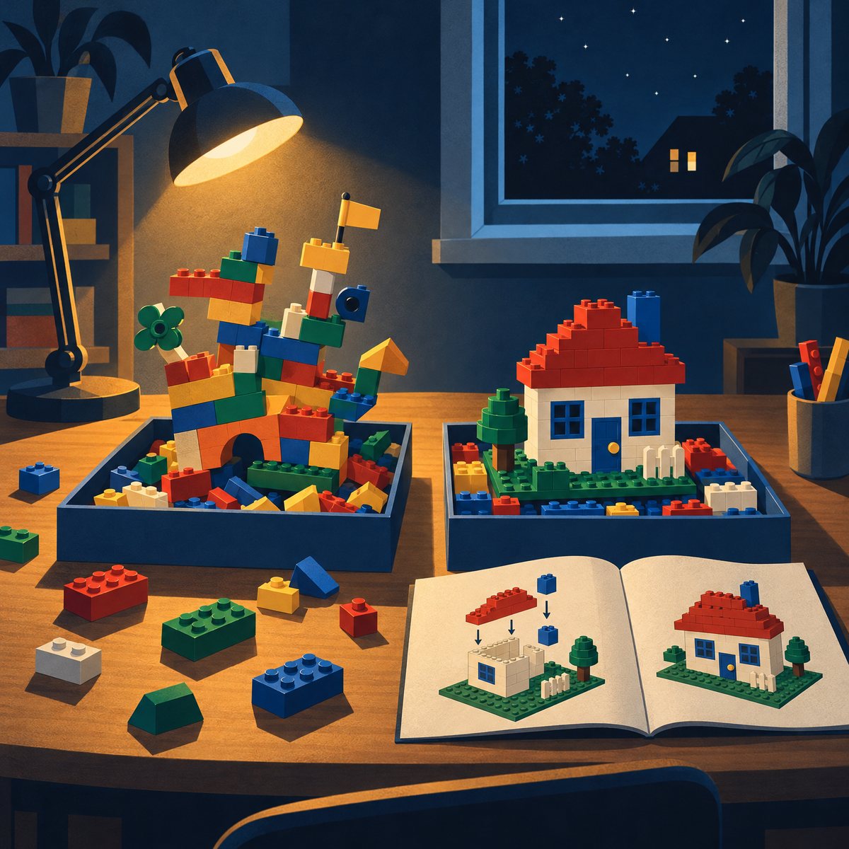 Illustration of two boxes of colourful toy bricks on a table, a wobbly freestyle creation on one side and a neat model house built to plan with its instruction booklet on the other