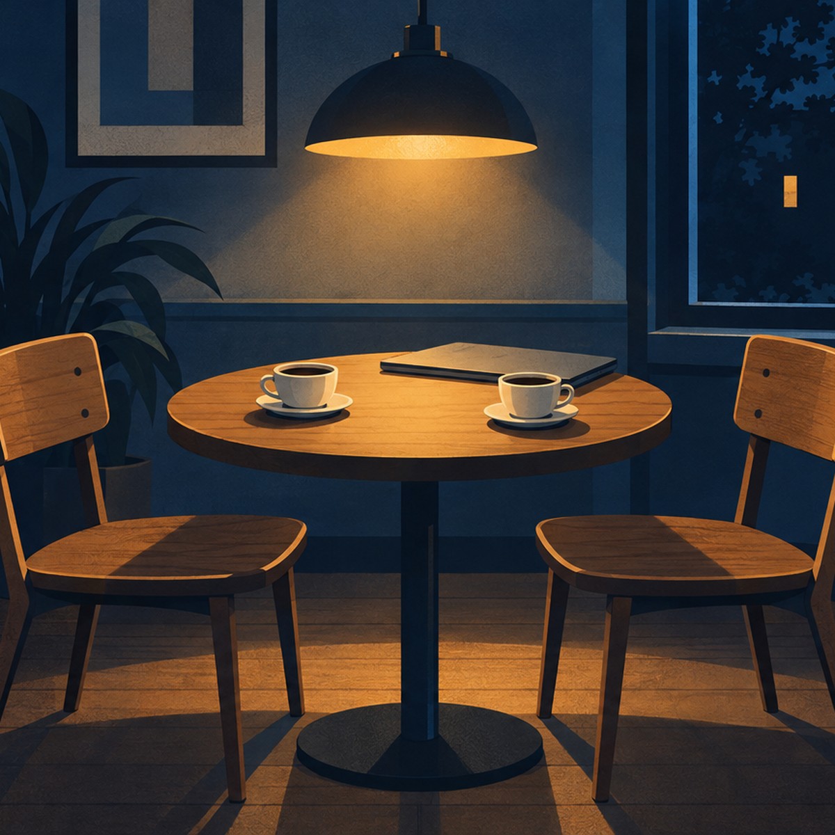 Illustration of two empty wooden chairs turned towards each other at a small café table, two cups of coffee waiting and a closed laptop pushed to the edge, under a warm lamp