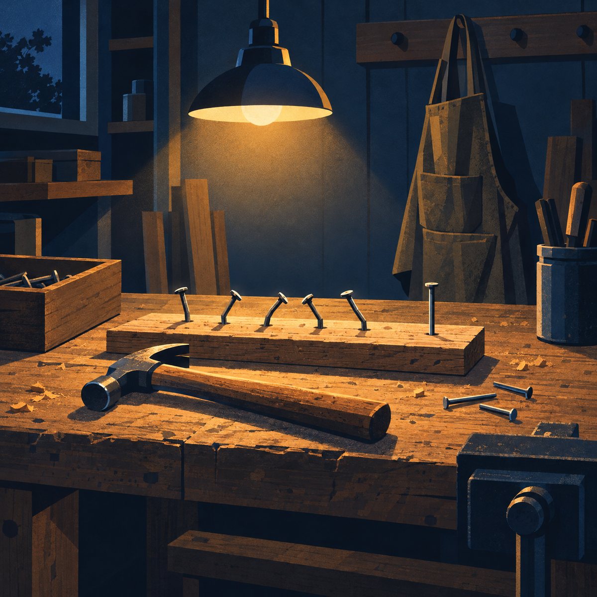 Illustration of an old wooden workbench with a claw hammer resting on a scrap plank full of practice nails, most bent over and the newest driven in straight, under a warm work lamp