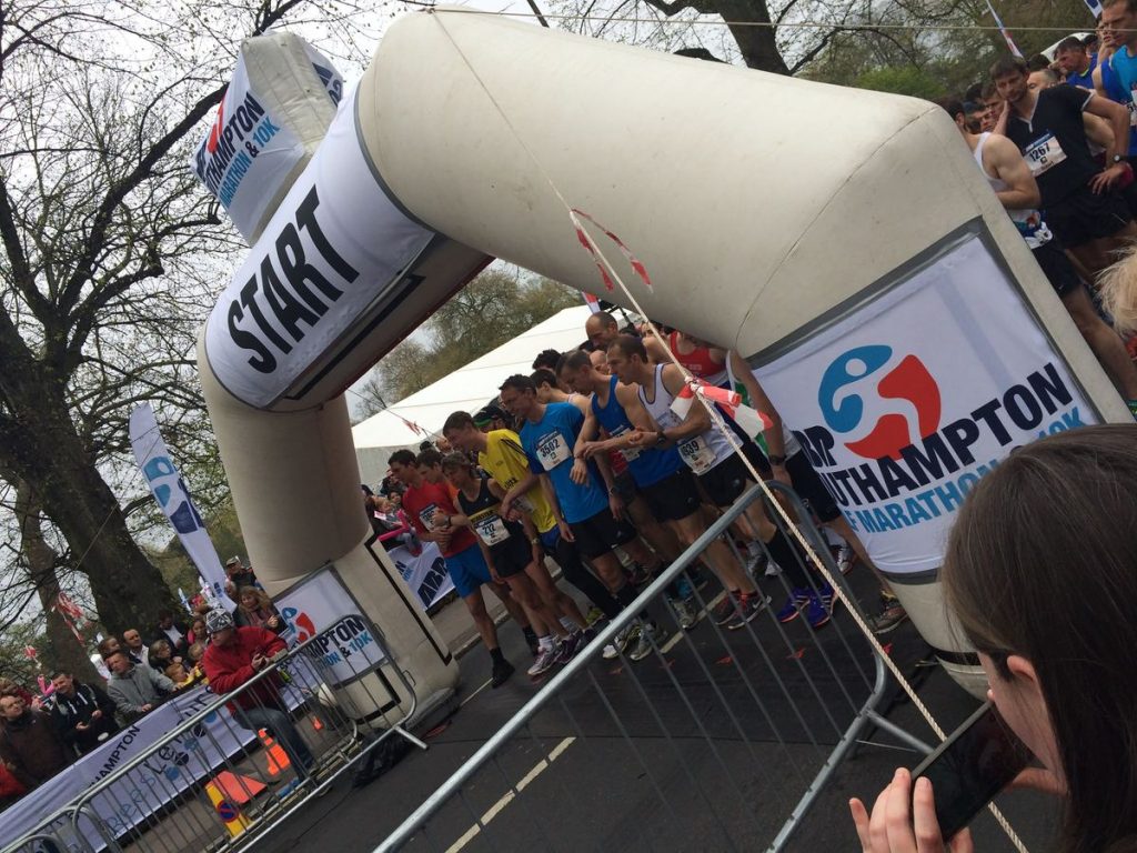 Runners gathered under the start arch at the Southampton Half Marathon 2015