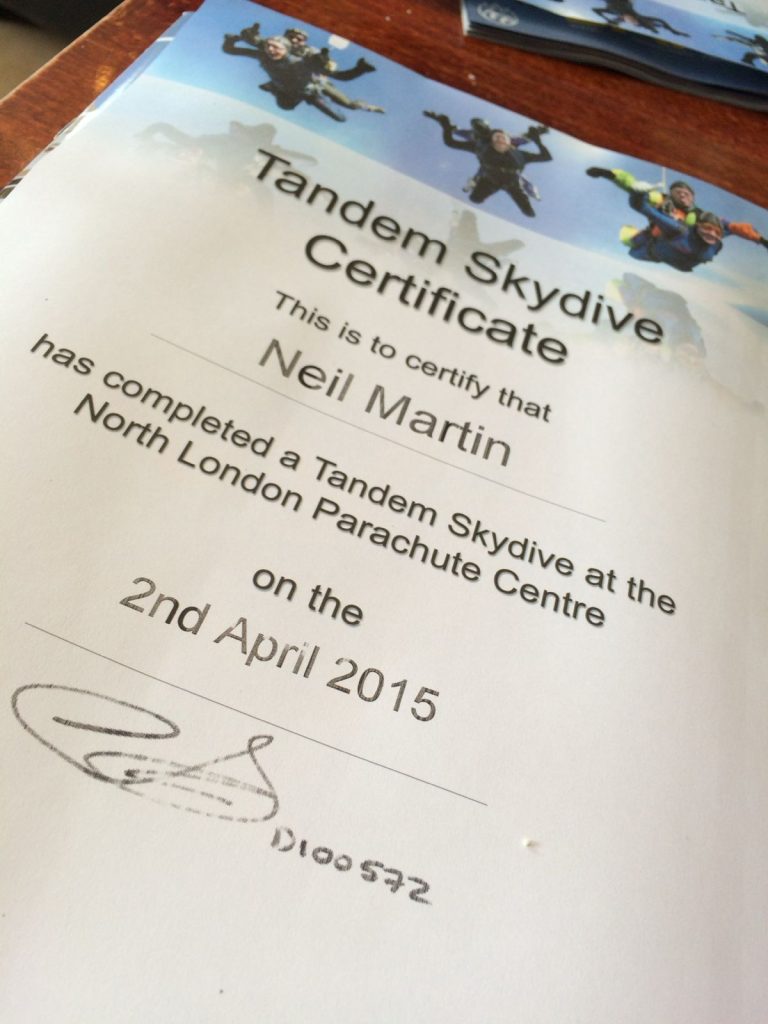 Neil Martin's tandem skydive certificate, North London Parachute Centre, 2 April 2015