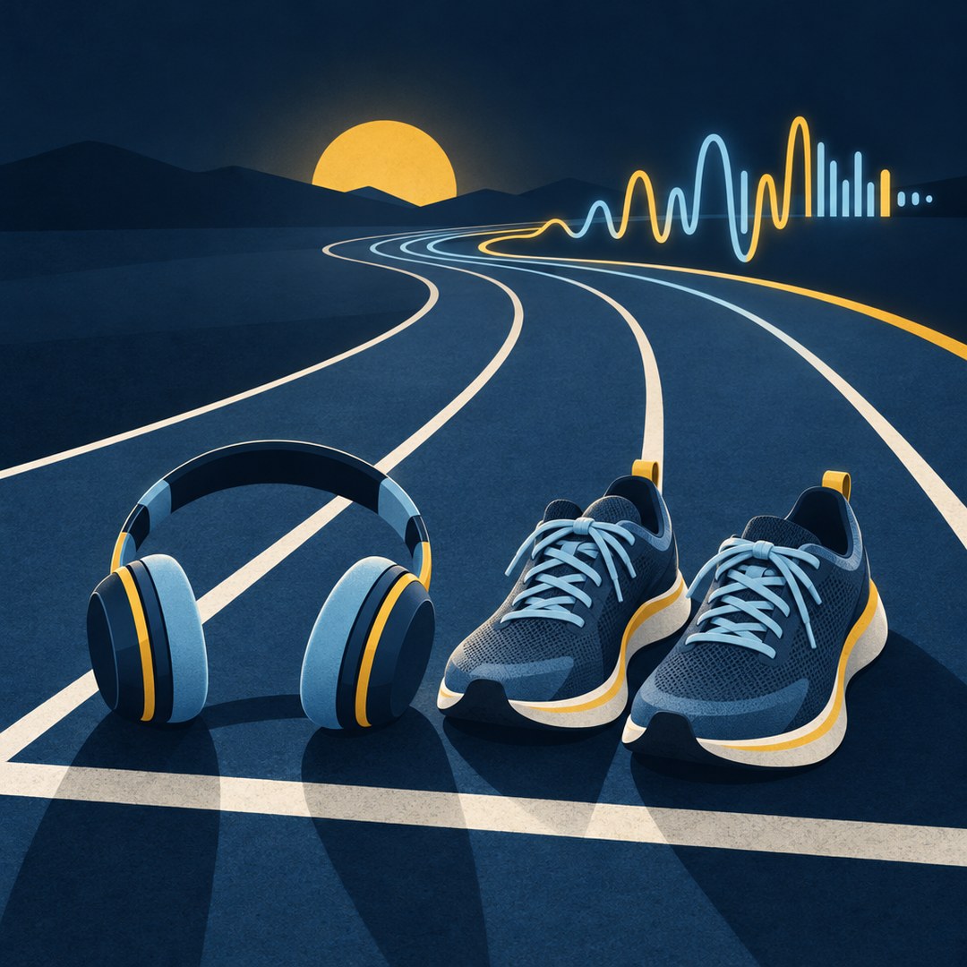 Illustration of headphones and running shoes on a running track whose lines turn into a golden sound wave