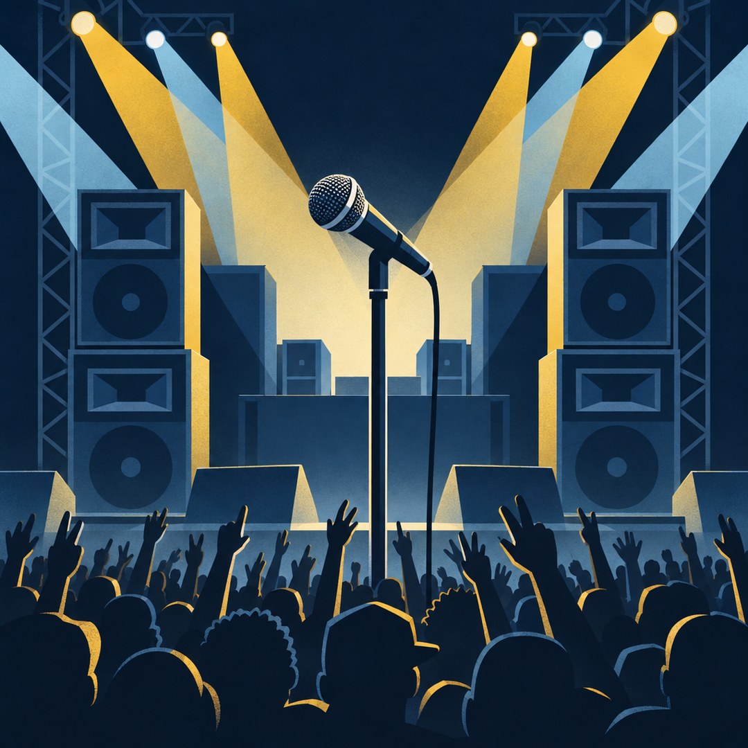 Flat record sleeve illustration of a microphone on a stand in front of tall speaker stacks, golden and sky blue light beams and a crowd of raised hands