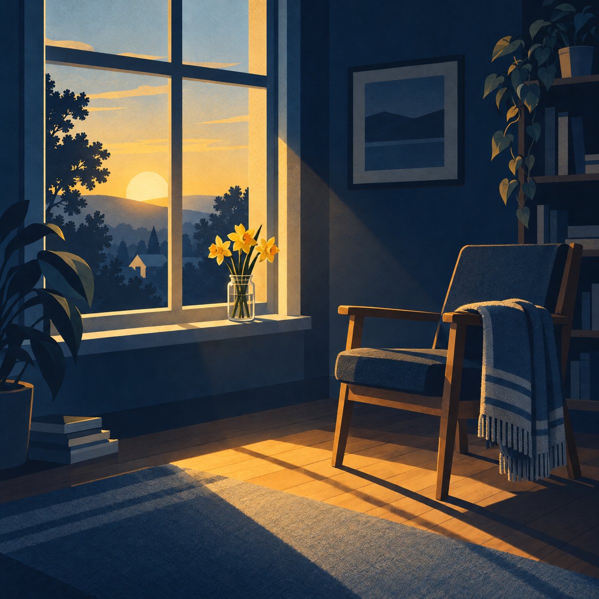 An empty armchair with a blanket beside a sunlit window, with daffodils on the sill