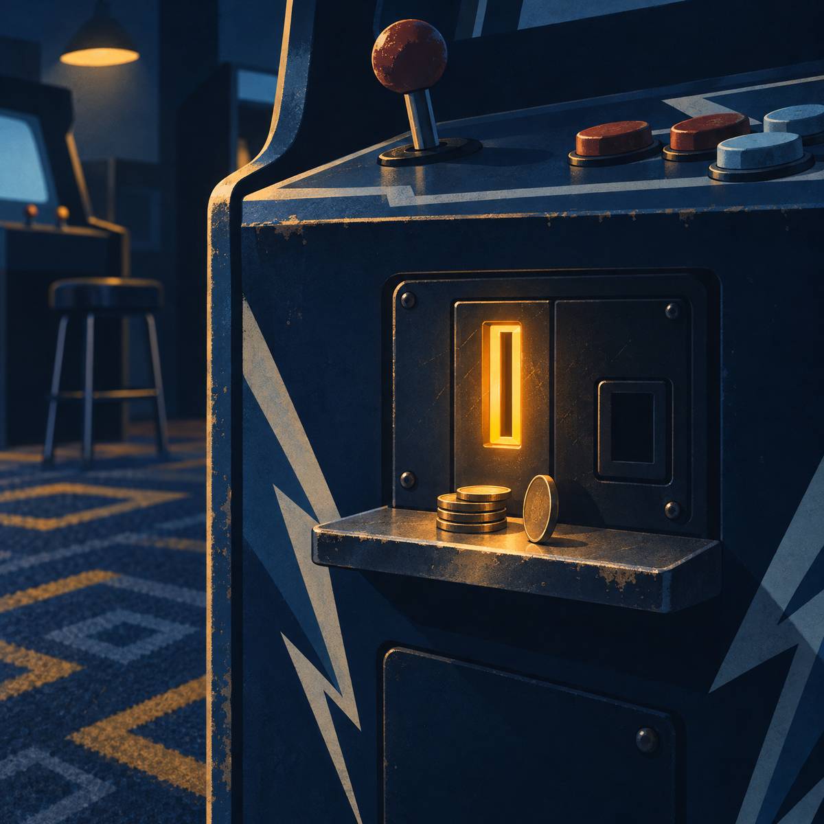 Illustration of the front of an old arcade cabinet in a dim games room, a glowing coin slot with a small stack of coins resting on the ledge beside it, ready for another go