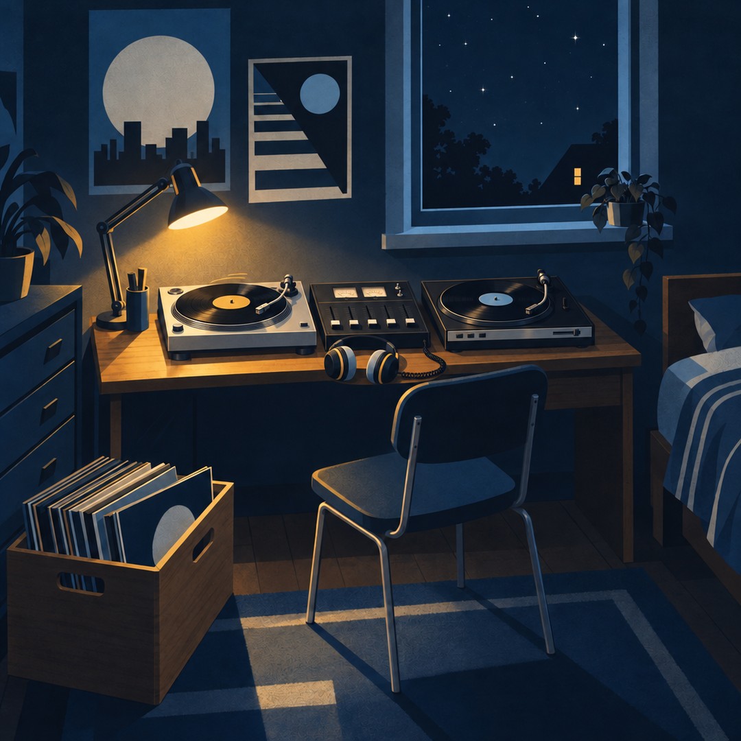 Illustration of a teenager's bedroom at night with twin turntables, a mixer, headphones and a crate of records under a warm desk lamp