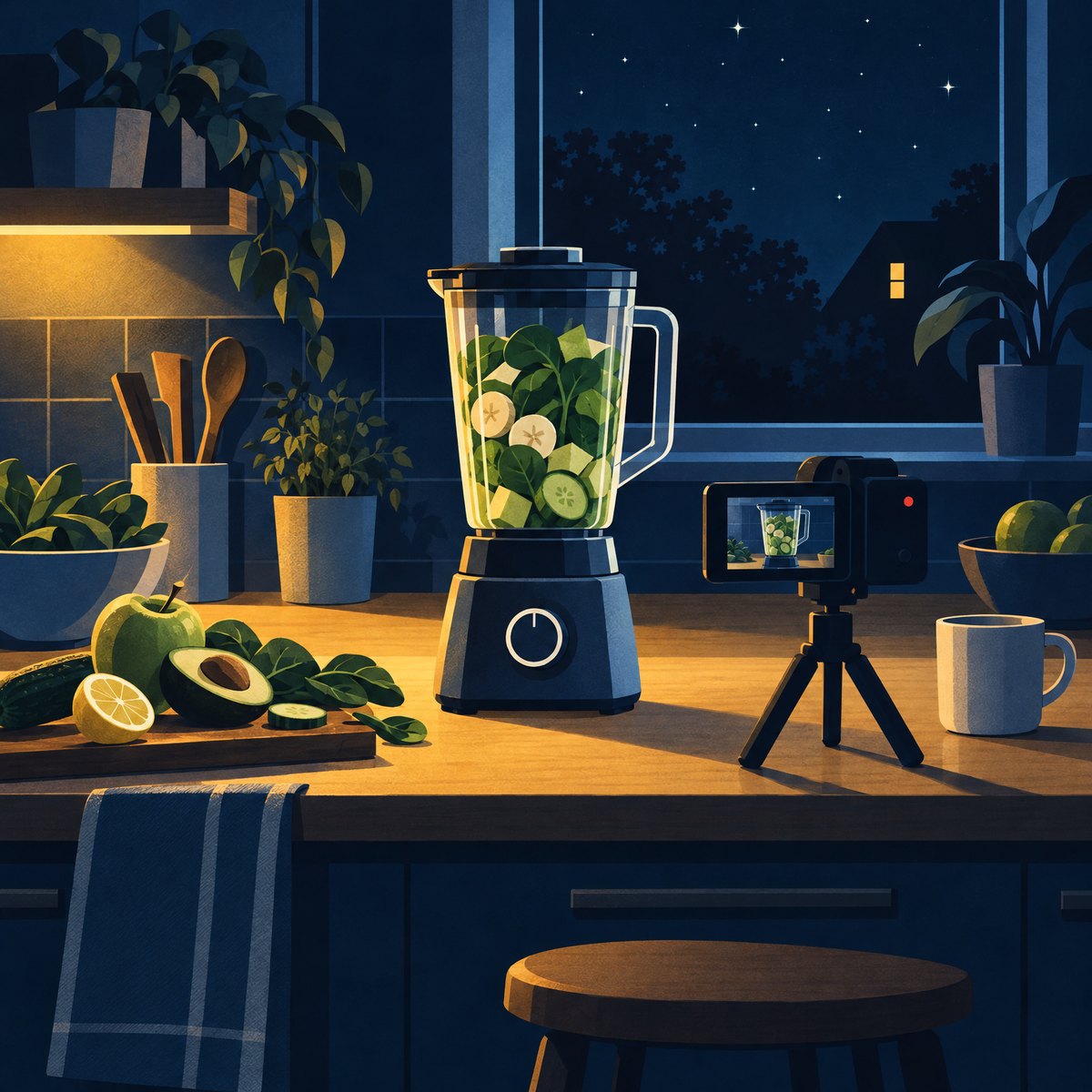 Illustration of a blender full of green fruit and vegetables on a kitchen worktop, with a small video camera on a tripod pointing at it