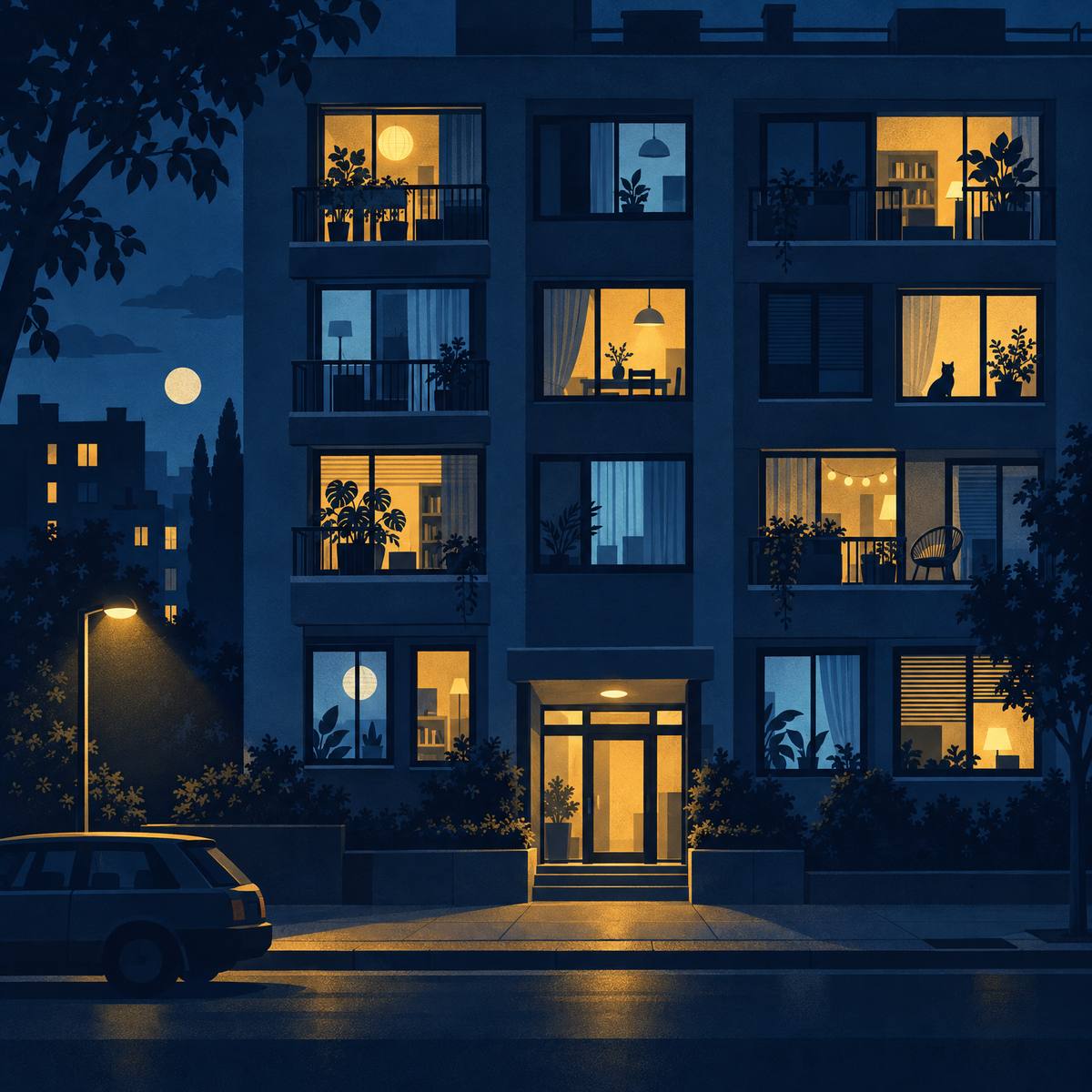 Illustration of a block of flats at dusk seen across a quiet street, its windows lit in warm gold and cool blue, some dark, with plants on the balconies