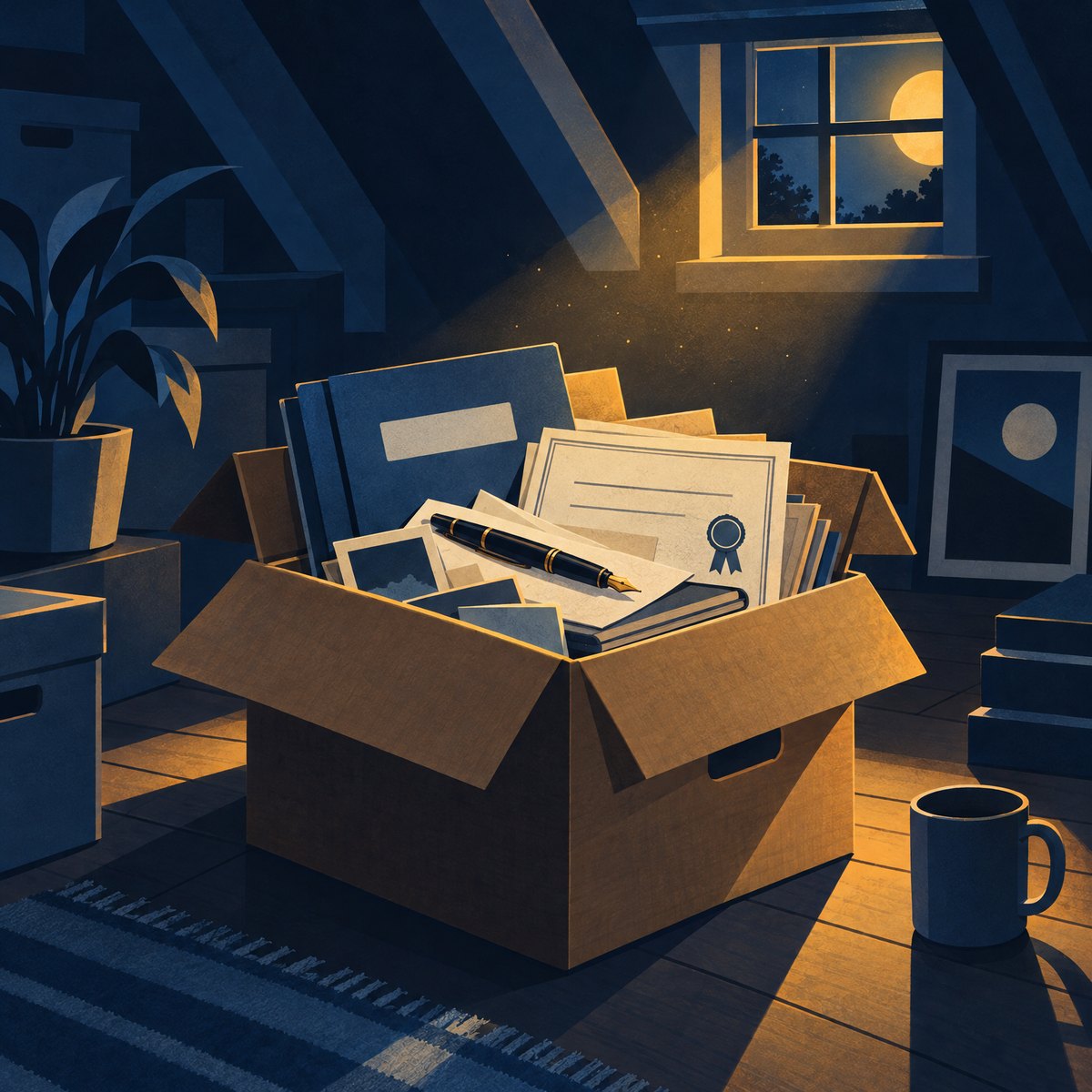 Illustration of an open cardboard box in a loft, full of old school papers, a blue report folder and certificates with a ribbon seal, in warm light from a small window