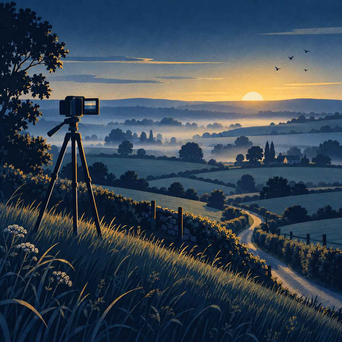 Illustration of a small camera on a tripod standing alone at the top of a grassy hill at dawn, a narrow country lane winding down through green fields towards a distant cluster of trees
