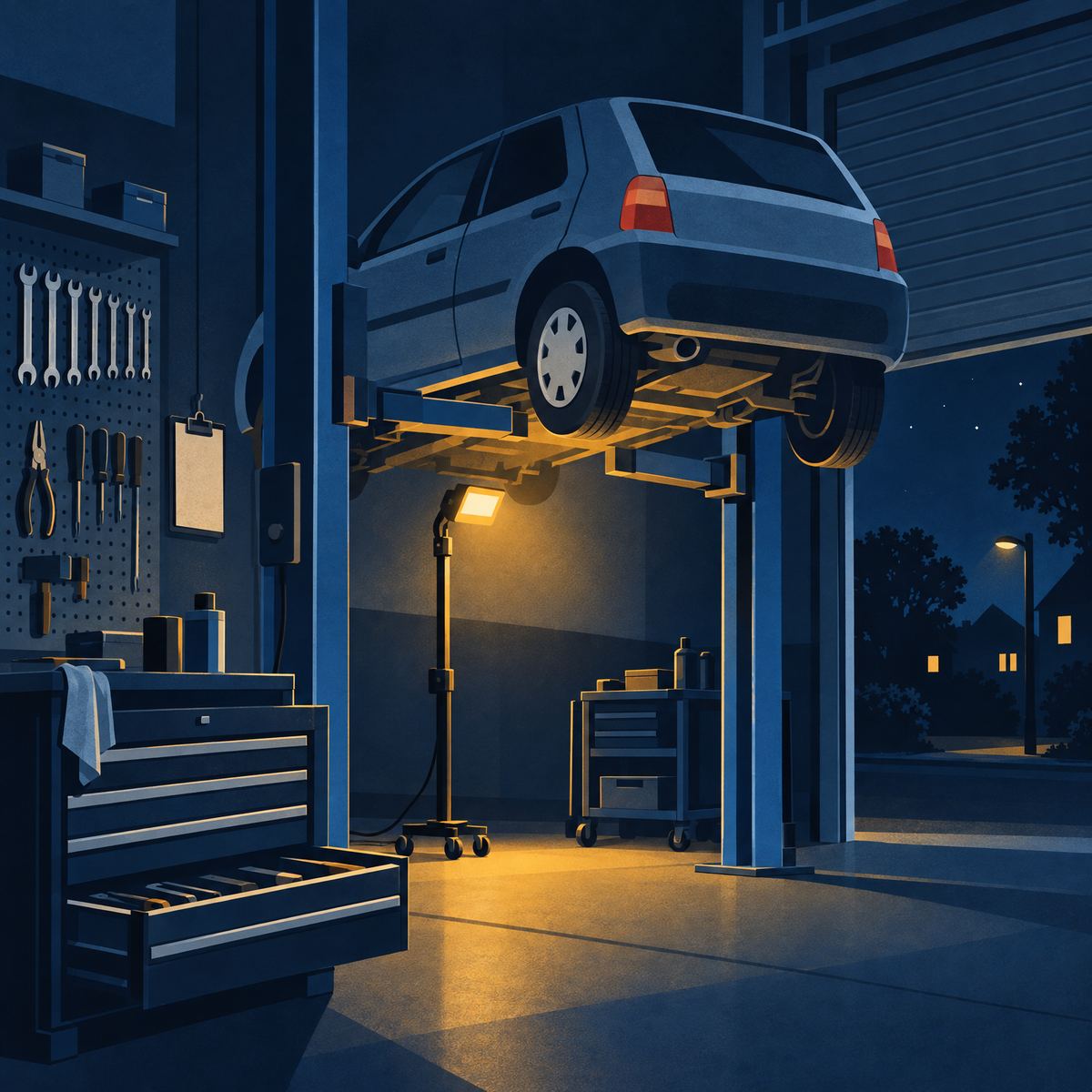 Illustration of a small hatchback raised on a lift in a tidy garage workshop at night, an inspection lamp glowing gold underneath, a toolbox, a pegboard of spanners and a clipboard on a hook