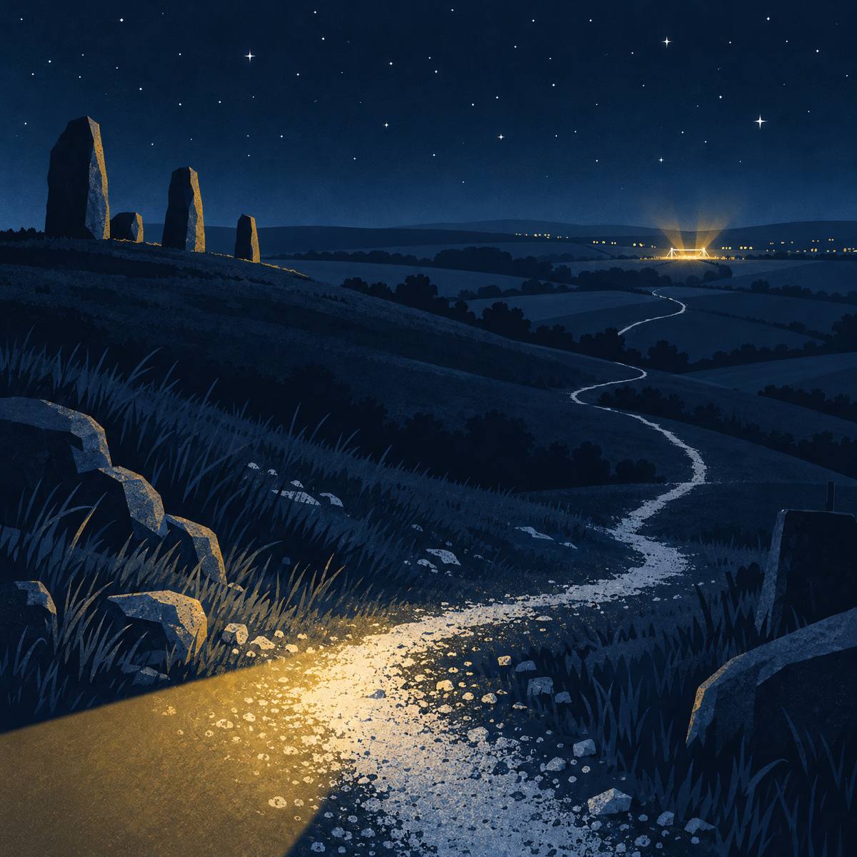 Illustration of a white chalk trail winding over dark downland at night, lit by a head torch beam, with standing stones on the horizon and finish line floodlights in the distance