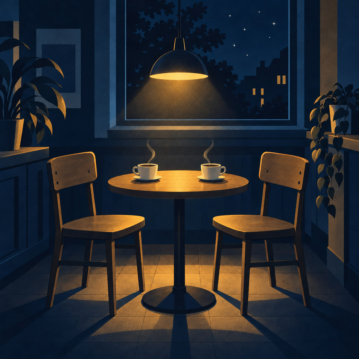 Two empty chairs facing each other across a small café table with two coffees under a gold pendant lamp