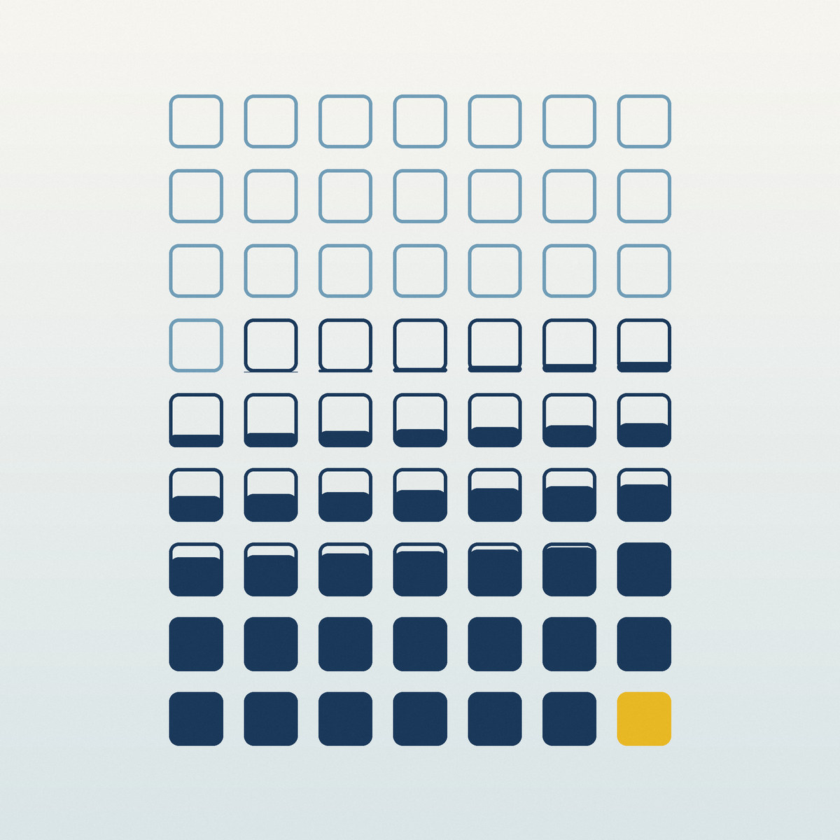 Grid of rounded squares that fill up with navy row by row, ending in one gold square