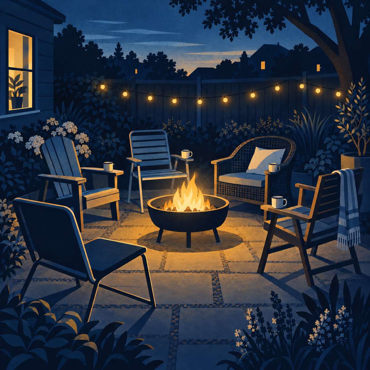 Illustration of a back garden at dusk with a circle of empty garden chairs around a glowing fire pit, fairy lights strung overhead and trees behind