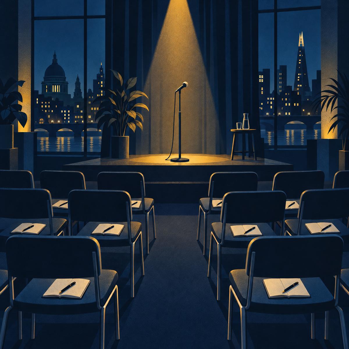 Illustration of a small event room seen from the back, a microphone stand in a warm spotlight on a low stage, rows of empty chairs with an open notebook and pen on each seat, and city lights through tall windows