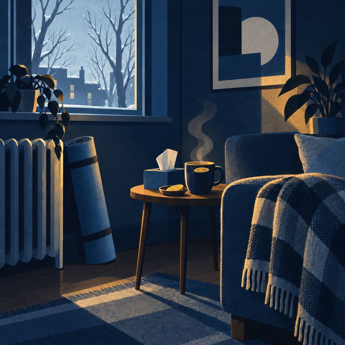 Illustration of a rolled-up exercise mat leaning against a radiator on a winter morning, beside a box of tissues and a steaming mug of honey and lemon