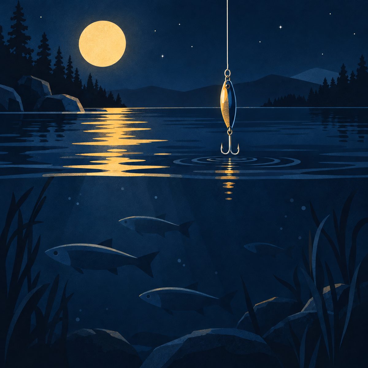 Illustration of a single shiny fishing lure dangling on a thin line above dark still water at night, small fish swimming the other way below, with a golden moon reflected on the surface
