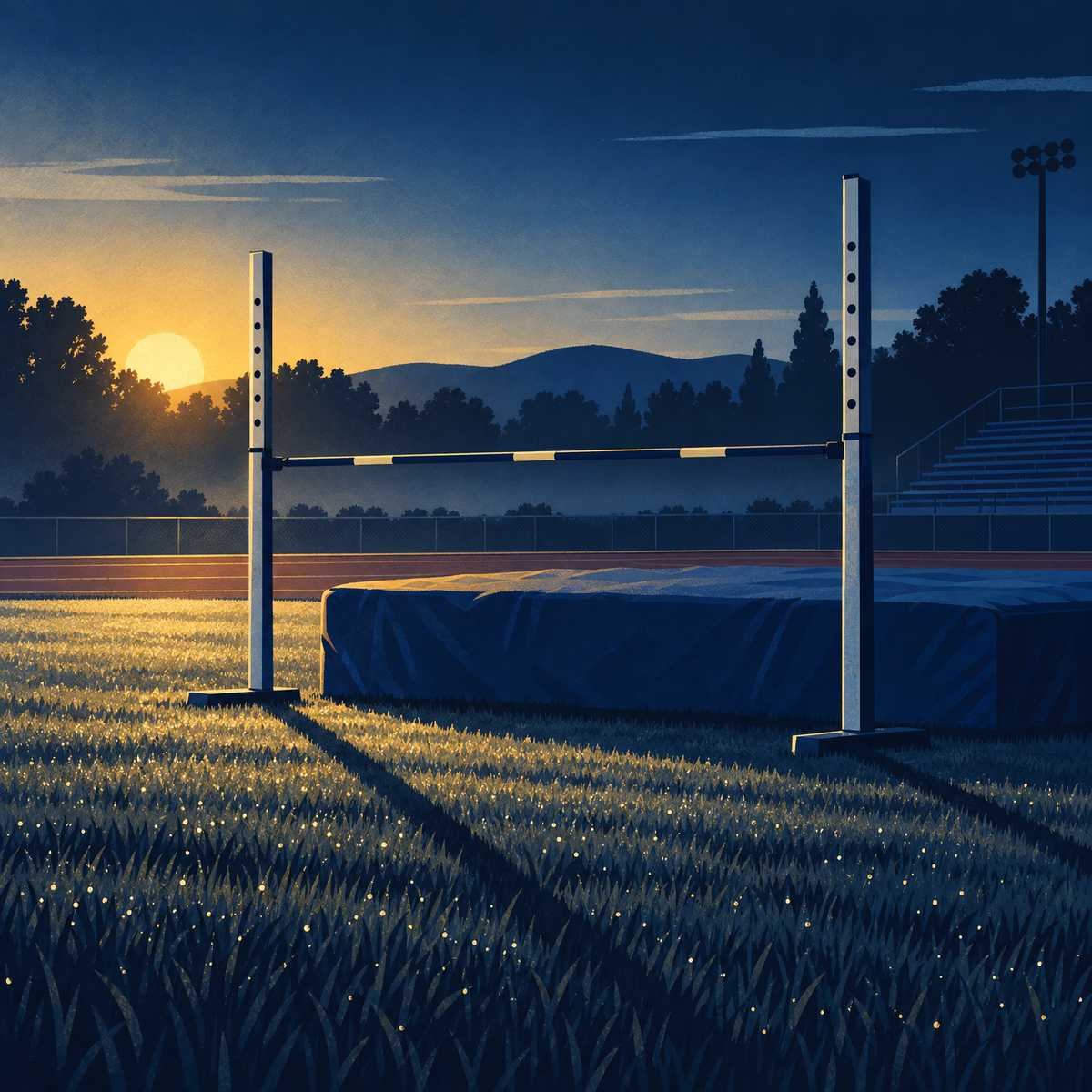 Illustration of a high jump bar resting low on its stands on an empty grass field at dawn, with higher unused notches visible above it on the uprights and a soft landing mat behind