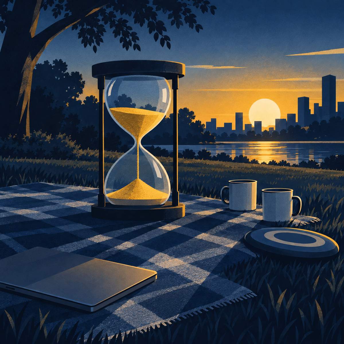 Illustration of a large hourglass with golden sand on a checked picnic blanket in a park at sunset, two mugs and a closed laptop beside it and a city skyline across the water