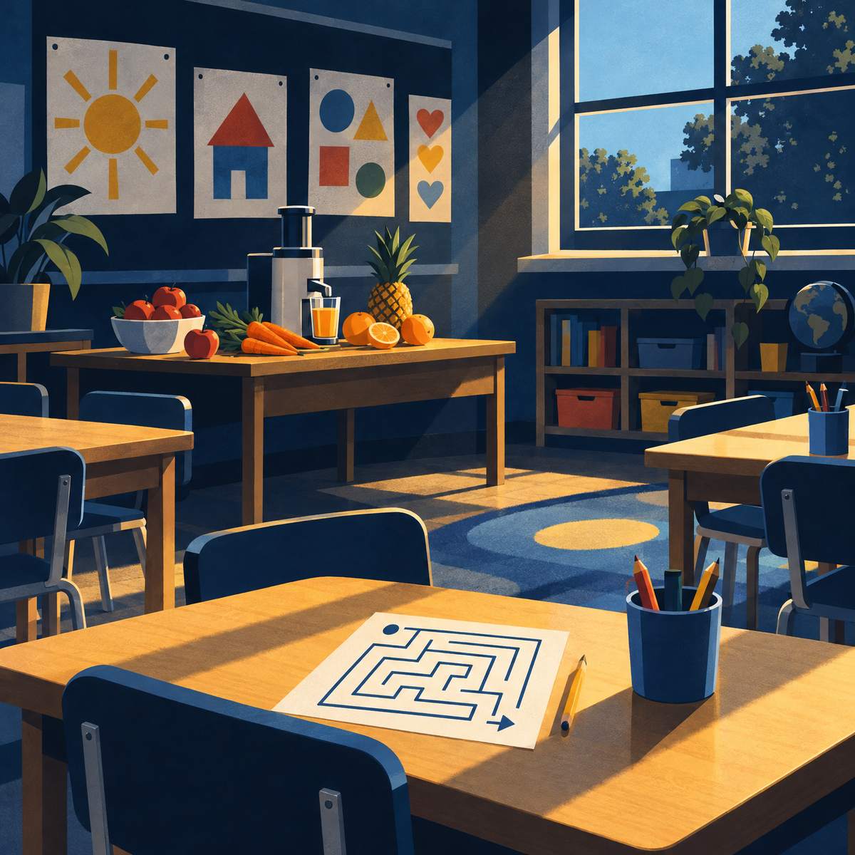 Illustration of an empty primary school classroom, a juicer on the teacher's table with apples, carrots, oranges and a pineapple, little tables and chairs, children's paintings on the wall and a pencil maze puzzle on the nearest desk